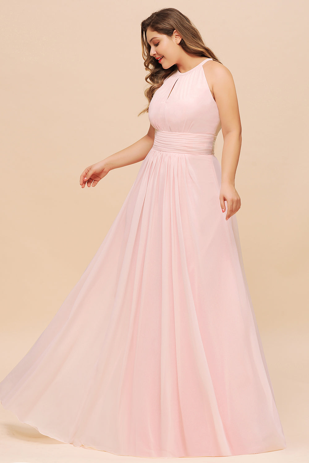 Affordable Plus Size Chiffon Round Neck Pink Bridesmaid Dress