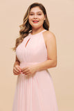 Affordable Plus Size Chiffon Round Neck Pink Bridesmaid Dress