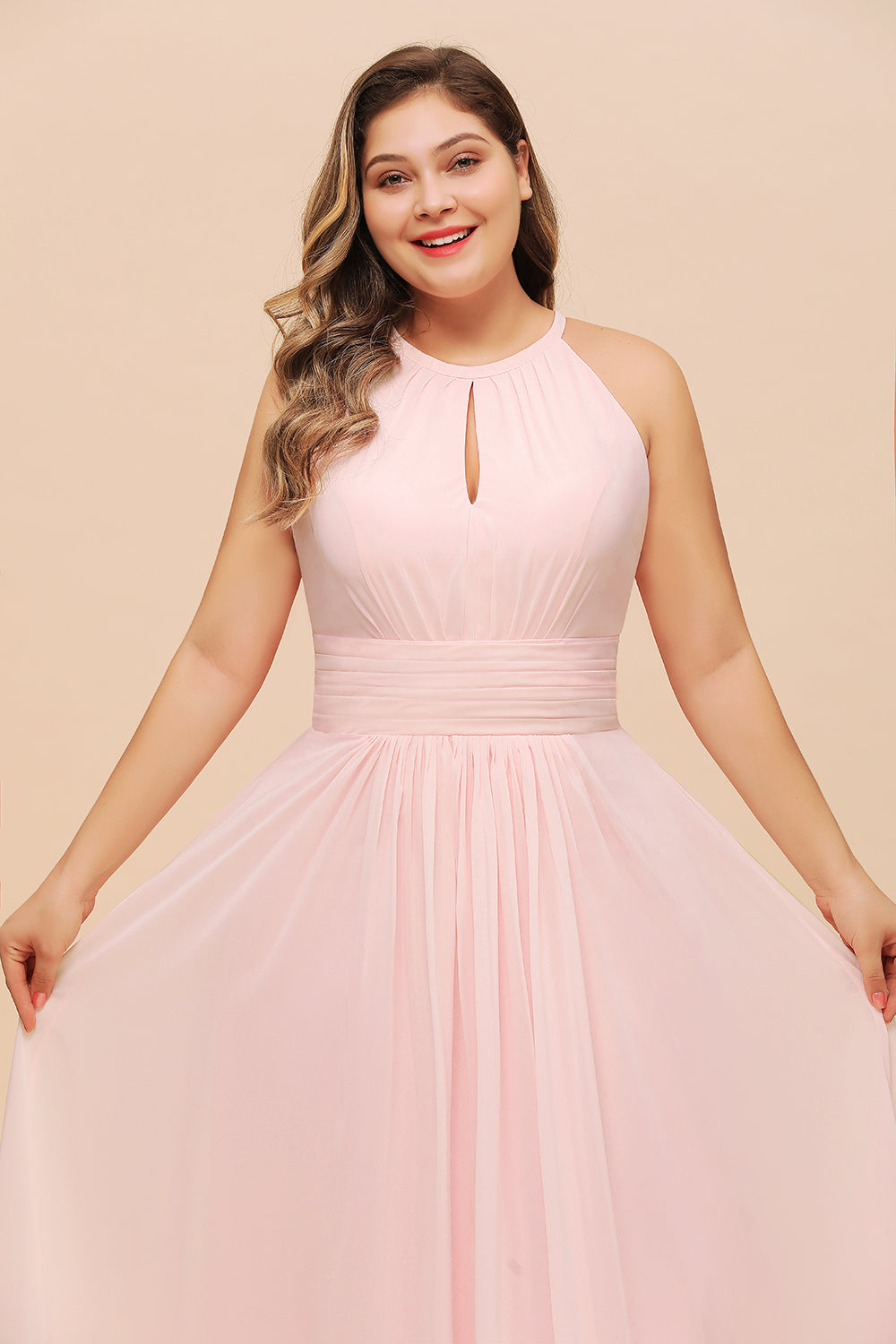 Affordable Plus Size Chiffon Round Neck Pink Bridesmaid Dress