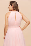 Affordable Plus Size Chiffon Round Neck Pink Bridesmaid Dress