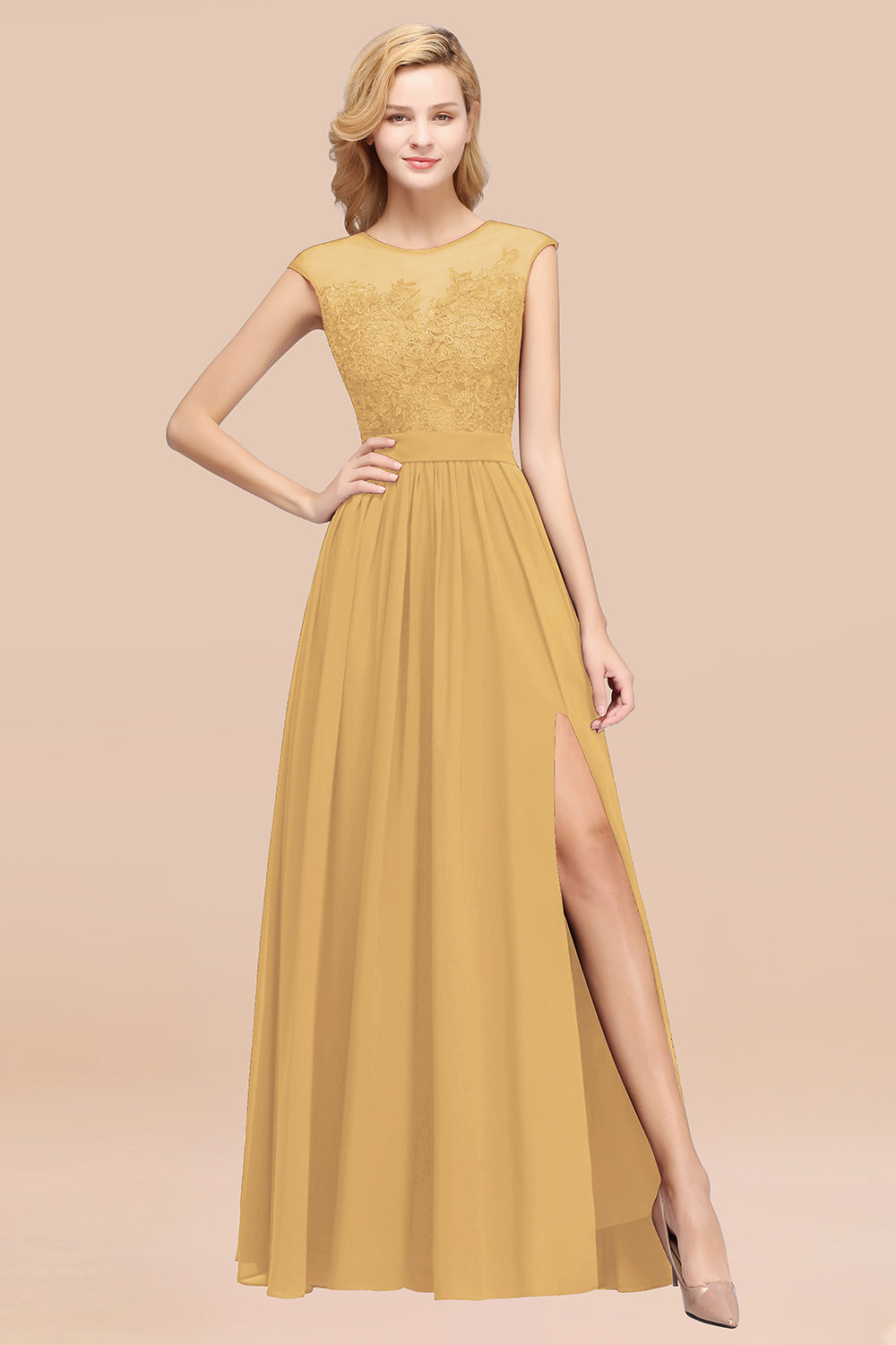 Affordable Scoop Lace Appliques Yellow Bridesmaid dresses with Slit Newinlook Affordable Scoop Lace Appliques Yellow Bridesmaid dresses with Slit Newinlook