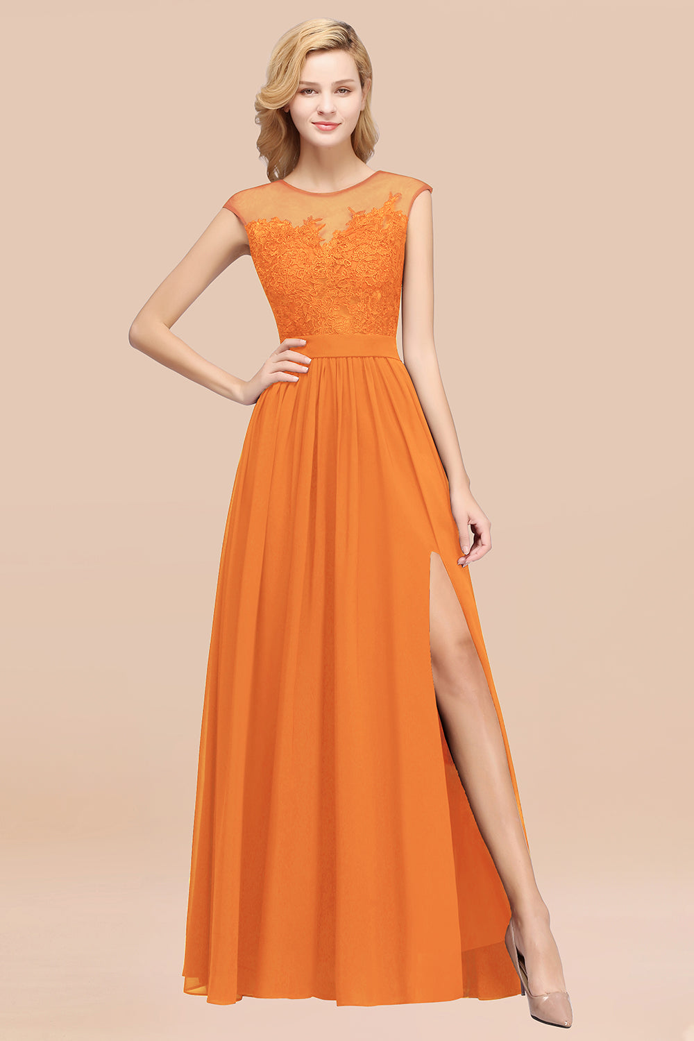 Affordable Scoop Lace Appliques Yellow Bridesmaid dresses with Slit