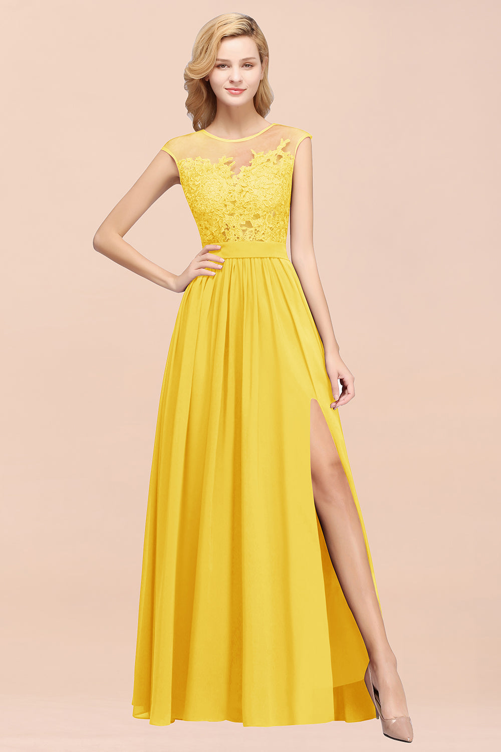 Affordable Scoop Lace Appliques Yellow Bridesmaid dresses with Slit Newinlook Affordable Scoop Lace Appliques Yellow Bridesmaid dresses with Slit Newinlook