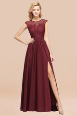 Affordable Scoop Lace Appliques Yellow Bridesmaid Dresses with Slit