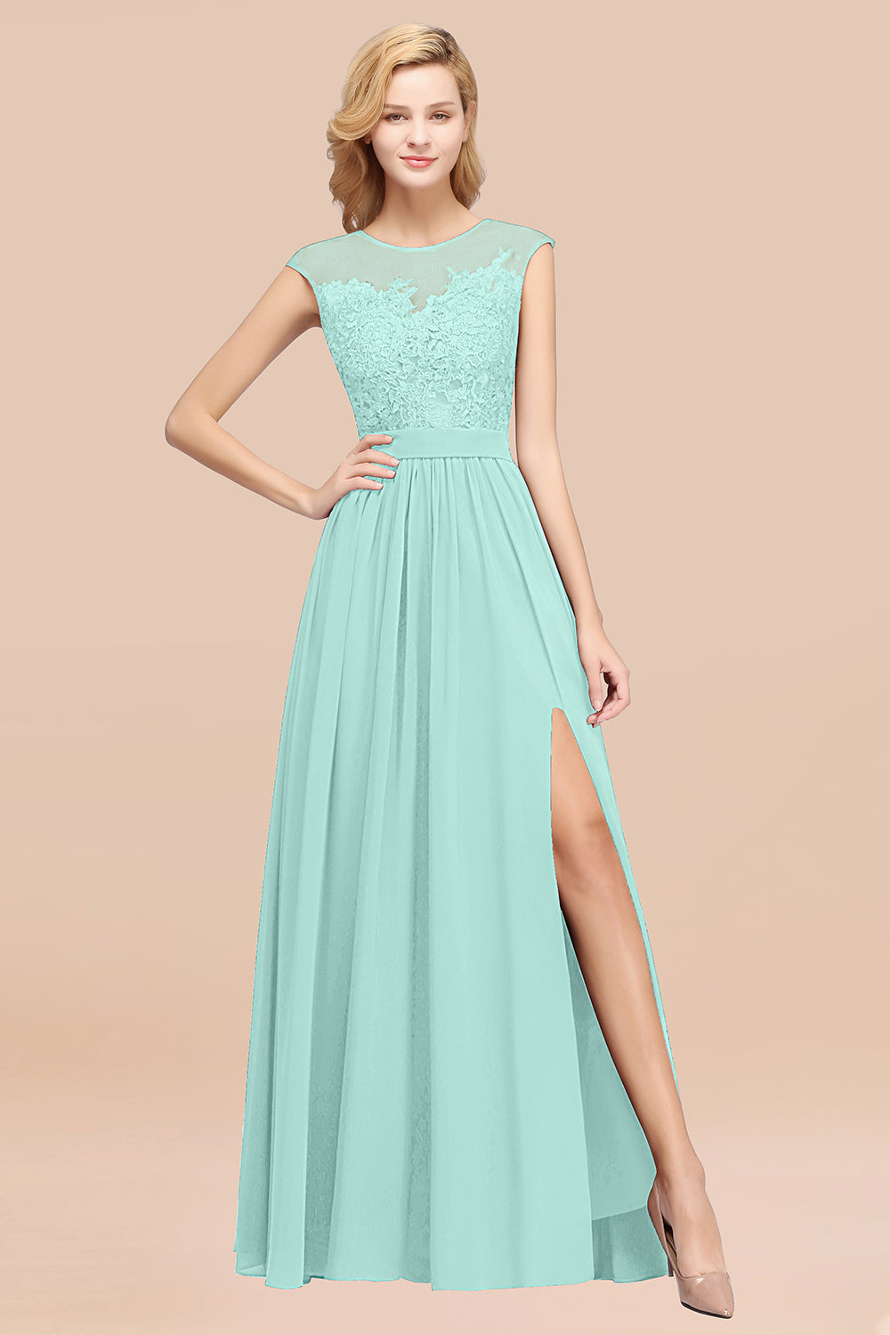 Affordable Scoop Lace Appliques Yellow Bridesmaid dresses with Slit Newinlook Affordable Scoop Lace Appliques Yellow Bridesmaid dresses with Slit Newinlook