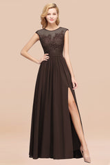 Affordable Scoop Lace Appliques Yellow Bridesmaid Dresses with Slit