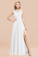 Affordable Scoop Lace Appliques Yellow Bridesmaid Dresses with Slit
