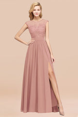 Affordable Scoop Lace Appliques Yellow Bridesmaid Dresses with Slit