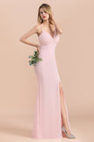 Affordable Sheath V-Neck Blushing Pink Chiffon Bridesmaid Dress with Spaghetii Straps