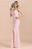 Affordable Sheath V-Neck Blushing Pink Chiffon Bridesmaid Dress with Spaghetii Straps