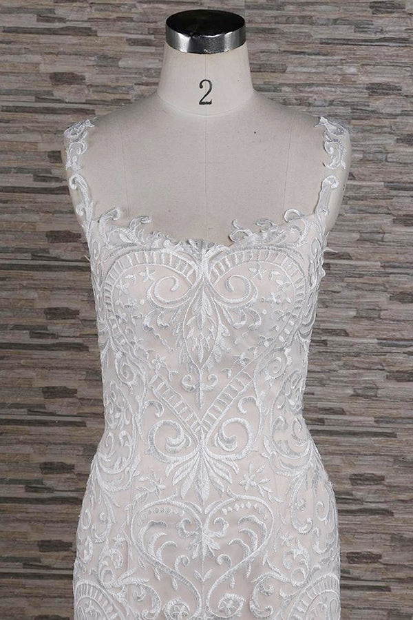 Affordable Sleeveless Straps Champagne Wedding Dress Mermaid Lace Bridal Gowns With Appliques On Sale