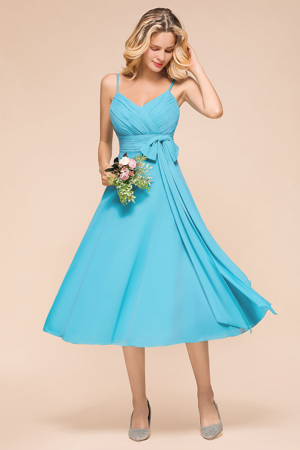 Affordable Spaghetti Straps Blue Chiffon Bridesmaid Dress with Ruffle