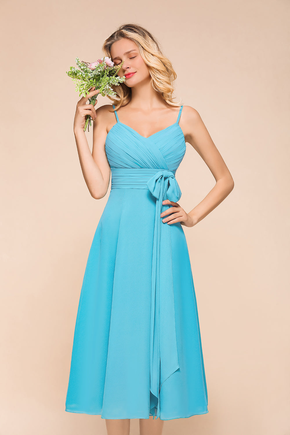 Affordable Spaghetti Straps Blue Chiffon Bridesmaid Dress with Ruffle
