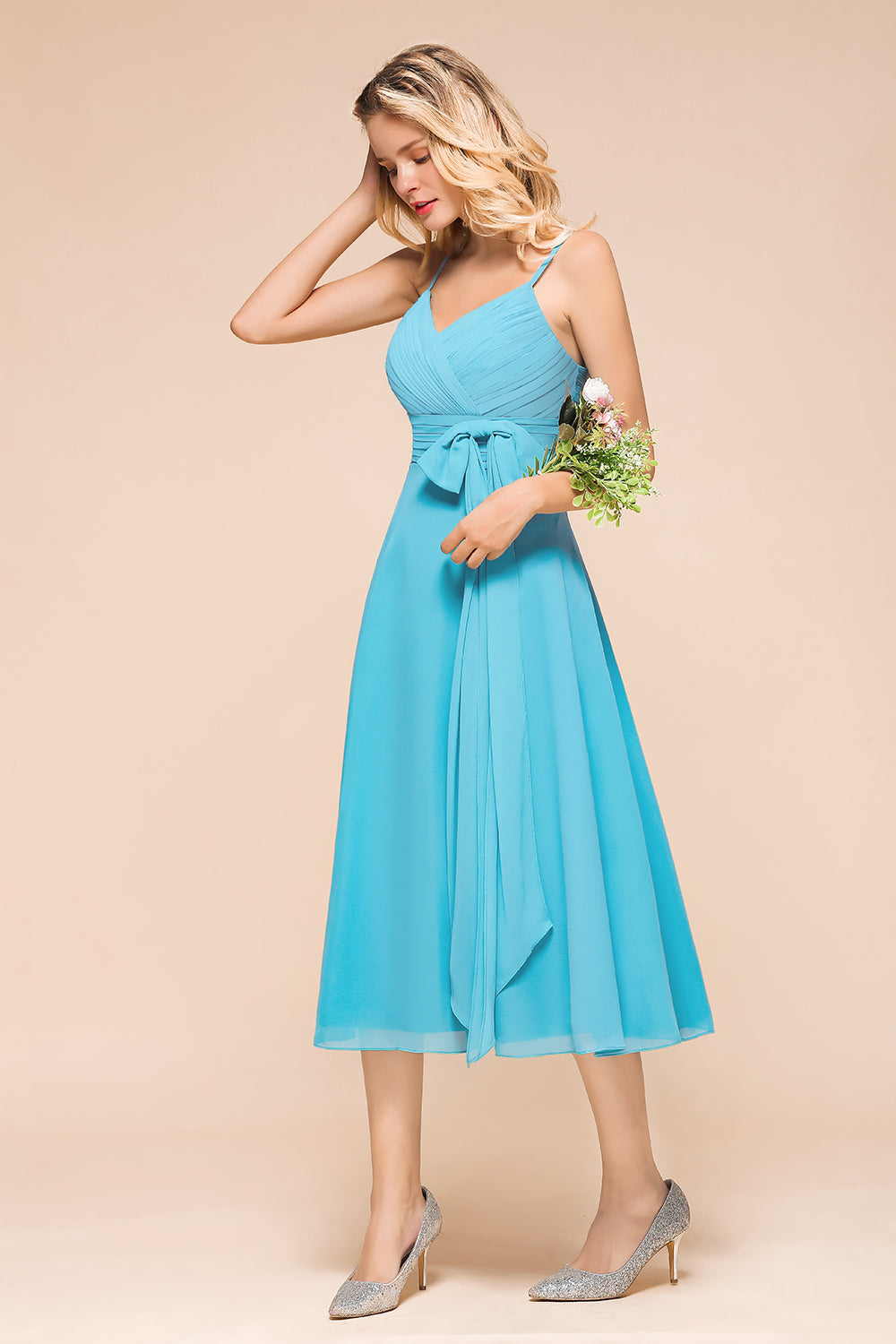 Affordable Spaghetti Straps Blue Chiffon Bridesmaid Dress with Ruffle