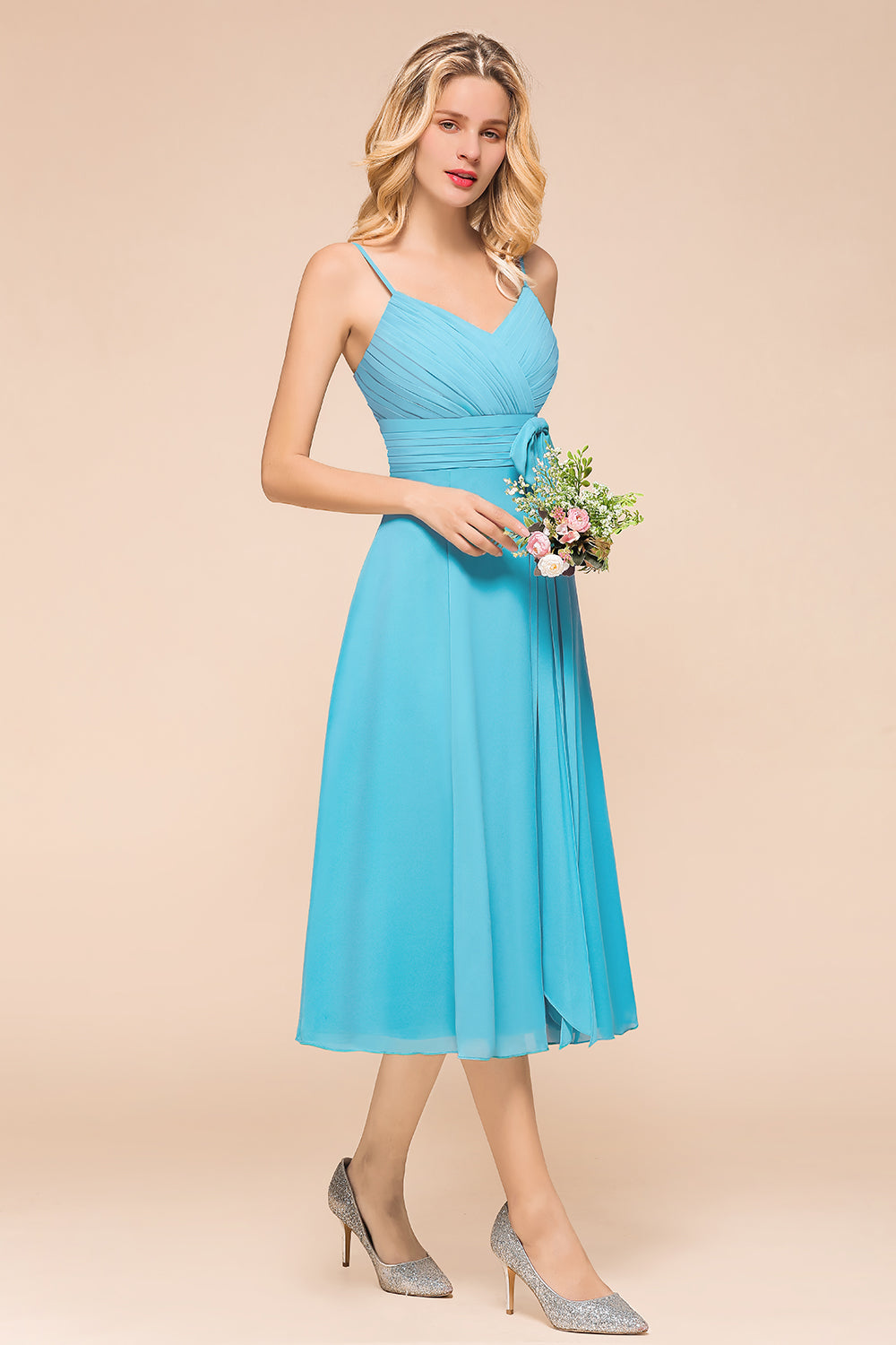 Affordable Spaghetti Straps Blue Chiffon Bridesmaid Dress with Ruffle