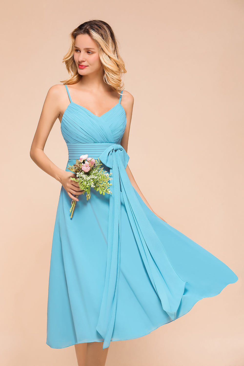 Affordable Spaghetti Straps Blue Chiffon Bridesmaid Dress with Ruffle