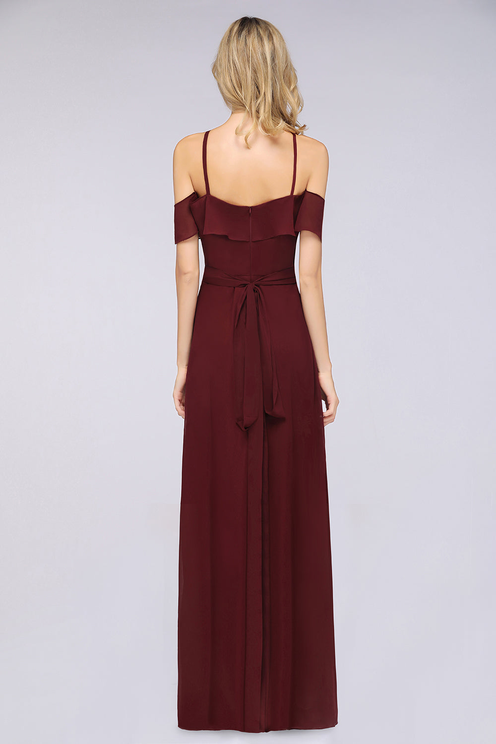 Affordable Spaghetti Straps Burgundy Long Bridesmaid Dress With Bow Sash