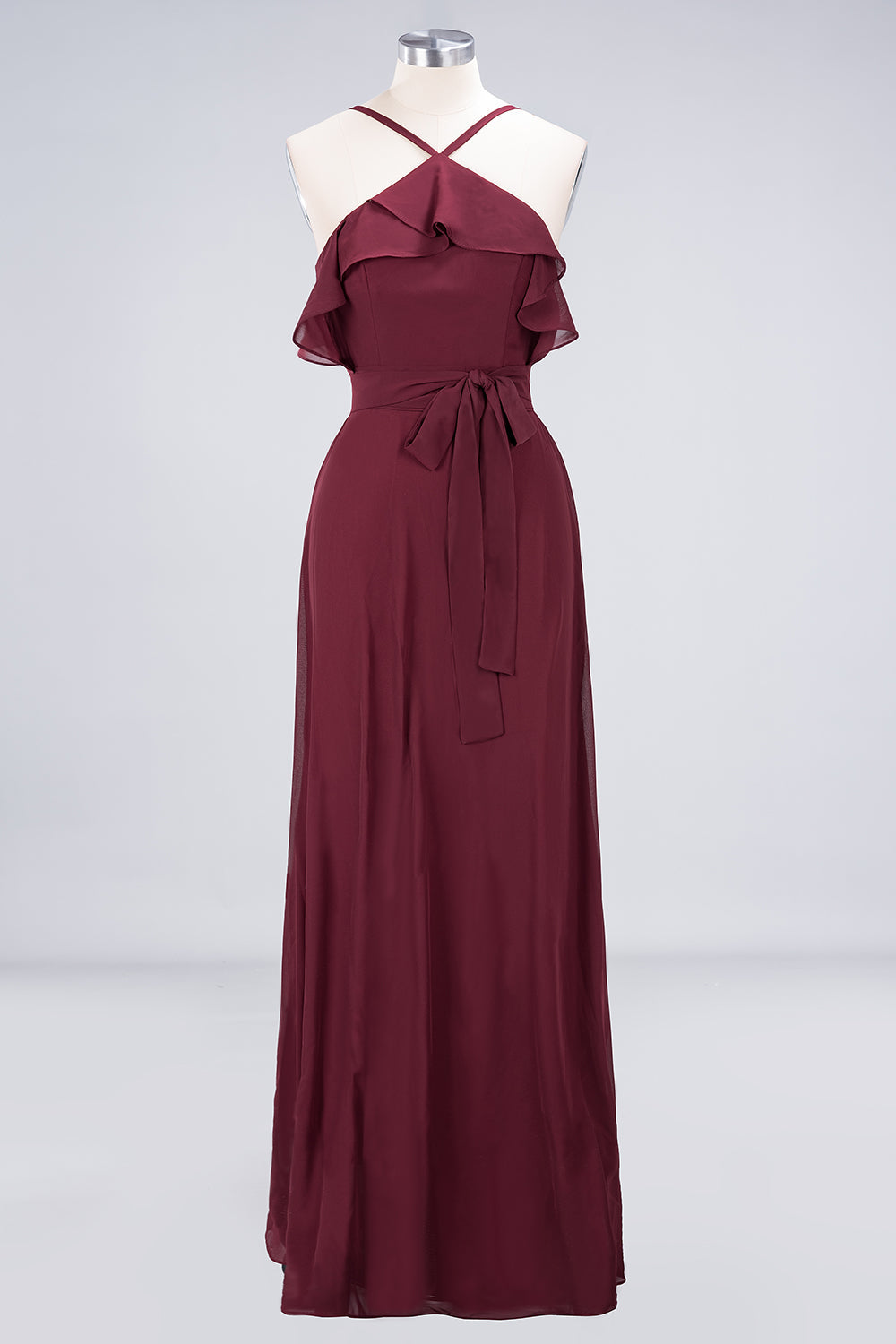 Affordable Spaghetti Straps Burgundy Long Bridesmaid Dress With Bow Sash