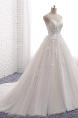 Affordable Spaghetti Straps Sleeveless Lace Wedding Dresses A-line Tulle Ruffles Bridal Gowns On Sale