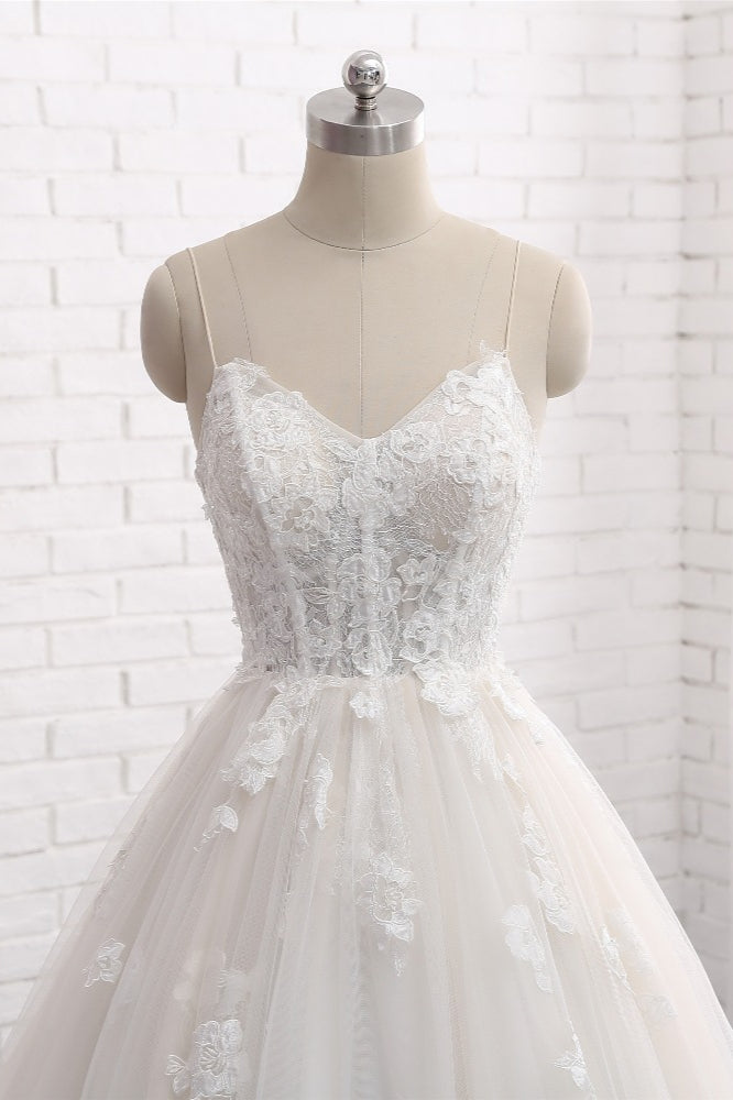 Affordable Spaghetti Straps Sleeveless Lace Wedding Dresses A-line Tulle Ruffles Bridal Gowns On Sale