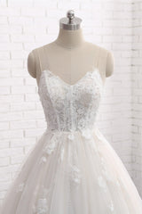 Affordable Spaghetti Straps Sleeveless Lace Wedding Dresses A-line Tulle Ruffles Bridal Gowns On Sale