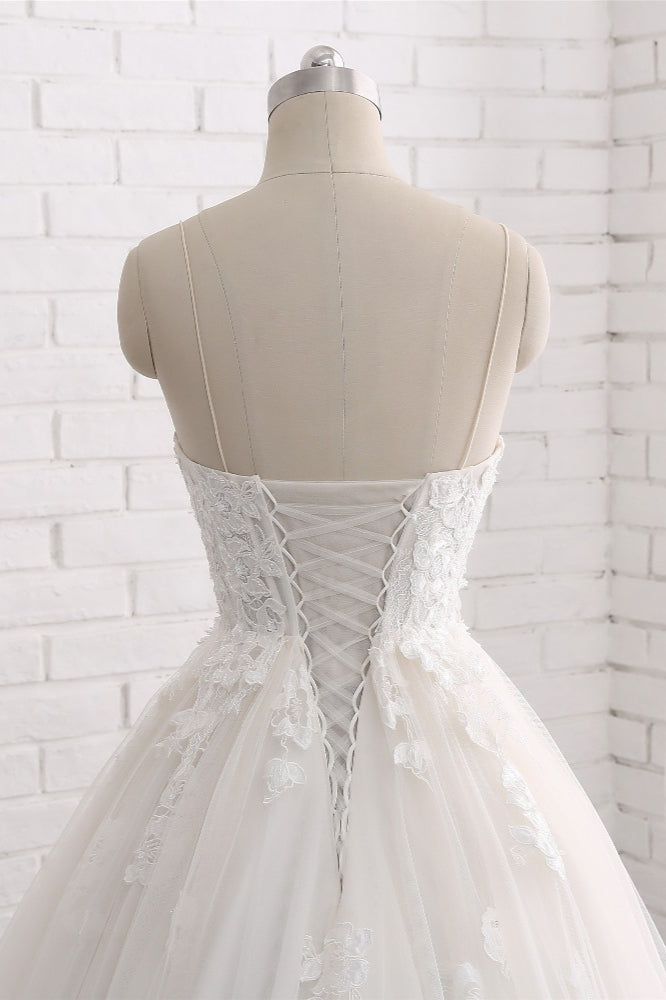 Affordable Spaghetti Straps Sleeveless Lace Wedding Dresses A-line Tulle Ruffles Bridal Gowns On Sale