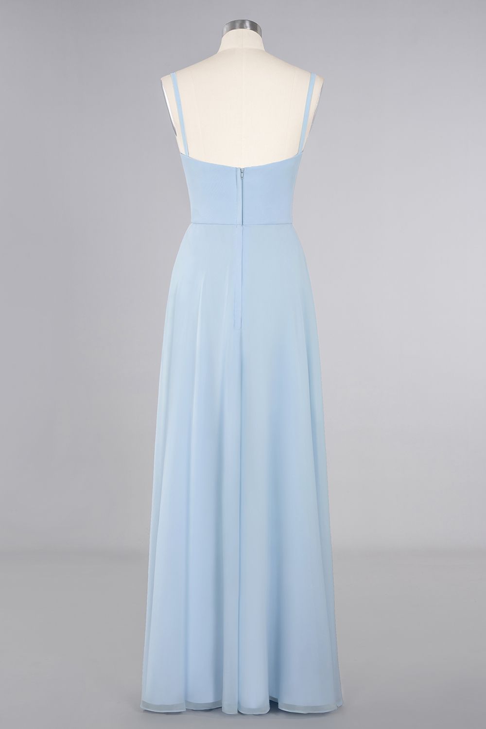 Affordable Spaghetti-Straps Slit Long Chiffon Bridesmaid Dress with Ruffle