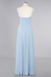 Affordable Spaghetti-Straps Slit Long Chiffon Bridesmaid Dress with Ruffle