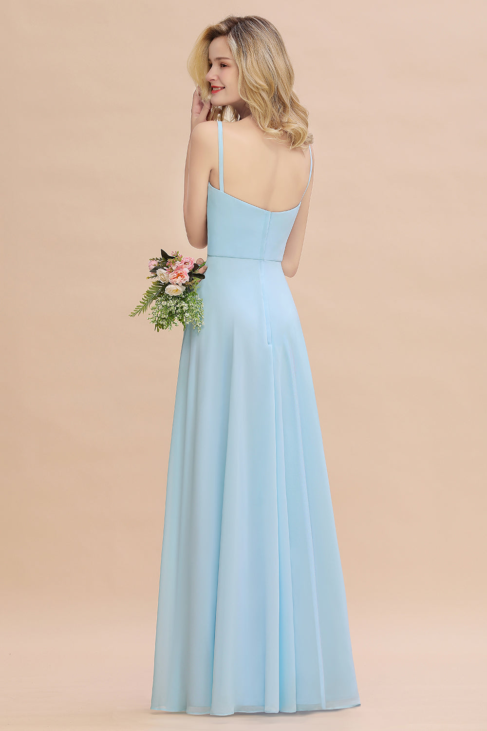 Affordable Spaghetti-Straps Slit Long Chiffon Bridesmaid Dress with Ruffle