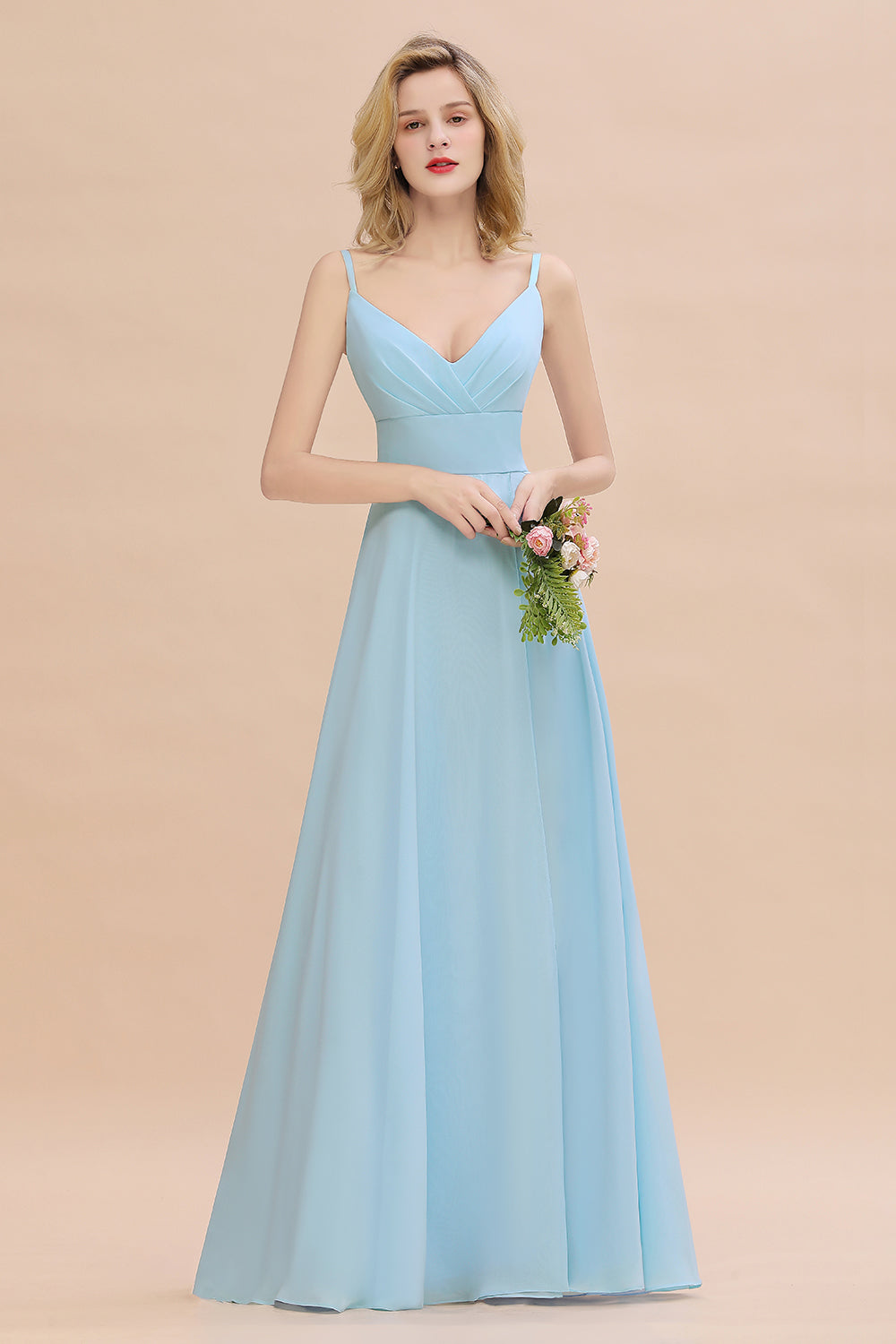 Affordable Spaghetti-Straps Slit Long Chiffon Bridesmaid Dress with Ruffle