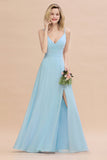 Affordable Spaghetti-Straps Slit Long Chiffon Bridesmaid Dress with Ruffle