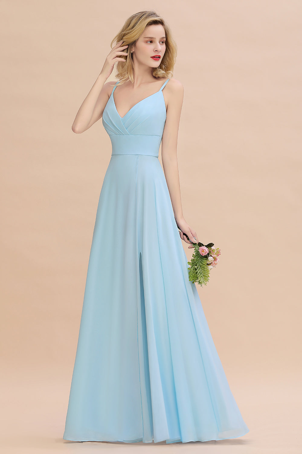 Affordable Spaghetti-Straps Slit Long Chiffon Bridesmaid Dress with Ruffle