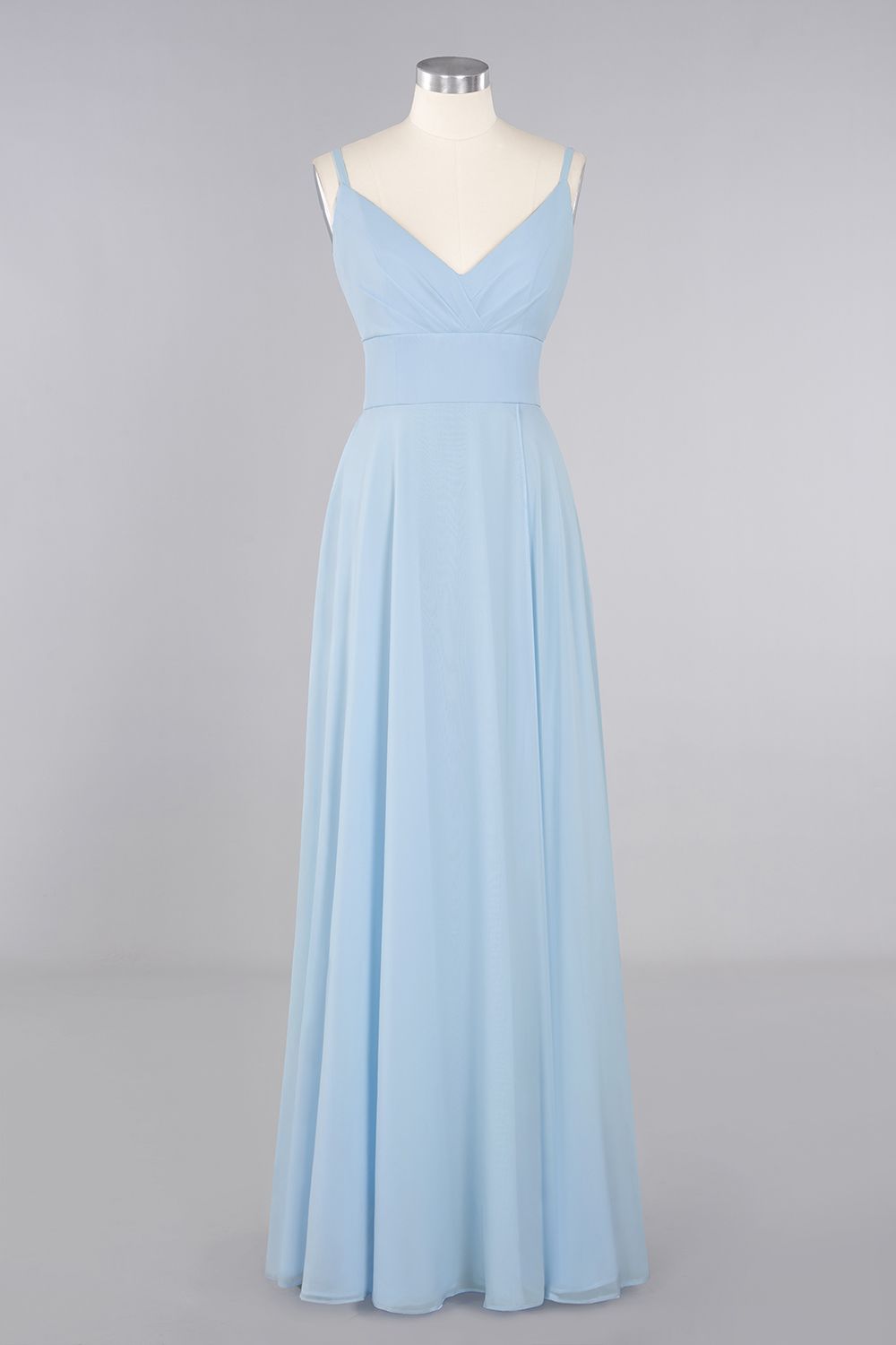 Affordable Spaghetti-Straps Slit Long Chiffon Bridesmaid Dress with Ruffle