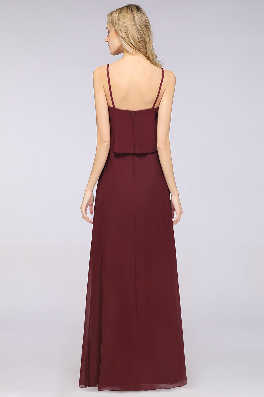 Affordable Spaghetti-Straps V-Neck Burgundy Chiffon Bridesmaid Dresses