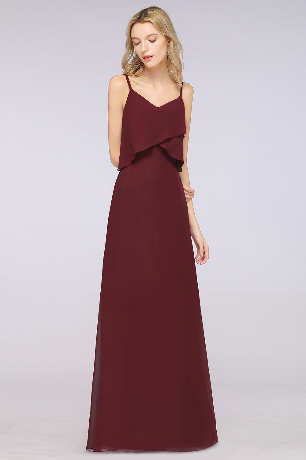 Affordable Spaghetti-Straps V-Neck Burgundy Chiffon Bridesmaid Dresses