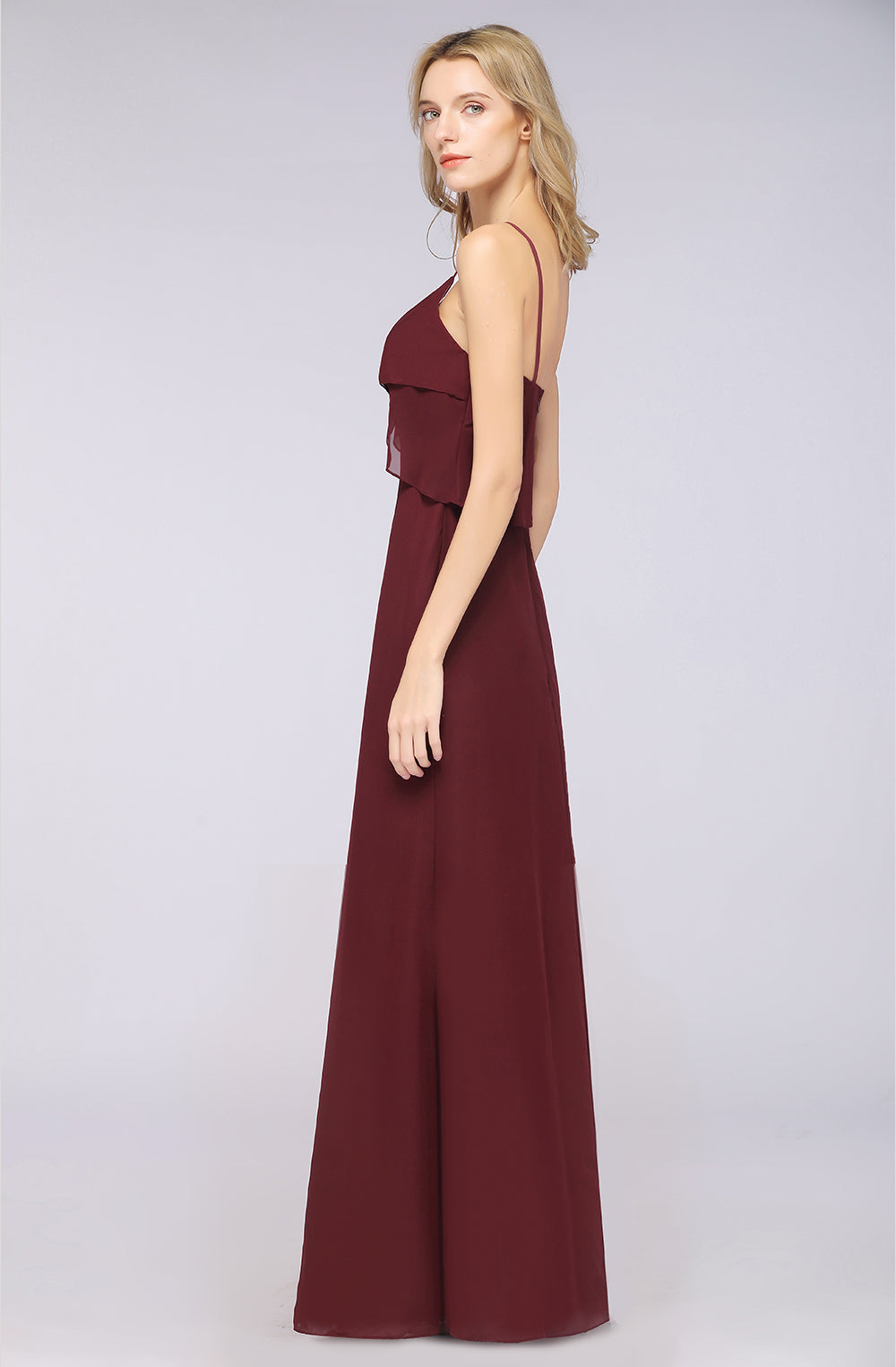 Affordable Spaghetti-Straps V-Neck Burgundy Chiffon Bridesmaid Dresses