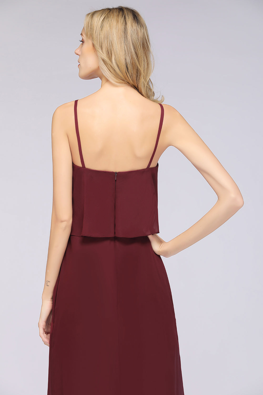 Affordable Spaghetti-Straps V-Neck Burgundy Chiffon Bridesmaid Dresses