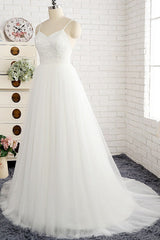 Affordable Spaghetti Straps White Wedding Dresses A-line Tulle Ruffles Bridal Gowns On Sale