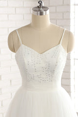 Affordable Spaghetti Straps White Wedding Dresses A-line Tulle Ruffles Bridal Gowns On Sale