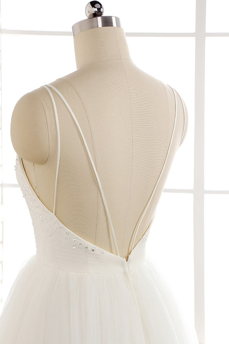 Affordable Spaghetti Straps White Wedding Dresses A-line Tulle Ruffles Bridal Gowns On Sale