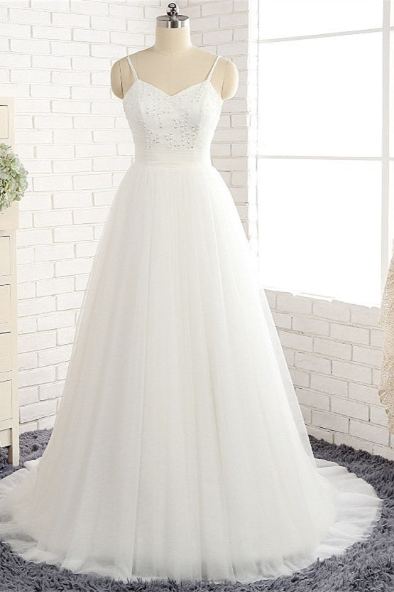 Affordable Spaghetti Straps White Wedding Dresses A-line Tulle Ruffles Bridal Gowns On Sale