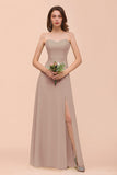 Affordable Strapless Front Slit Long Dusty Sage Bridesmaid Dress
