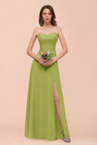 Affordable Strapless Front Slit Long Dusty Sage Bridesmaid Dress