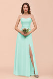 Affordable Strapless Front Slit Long Dusty Sage Bridesmaid Dress