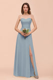 Affordable Strapless Front Slit Long Dusty Sage Bridesmaid Dress