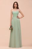 Affordable Strapless Front Slit Long Dusty Sage Bridesmaid Dress
