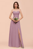 Affordable Strapless Front Slit Long Dusty Sage Bridesmaid Dress