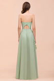 Affordable Strapless Front Slit Long Dusty Sage Bridesmaid Dress