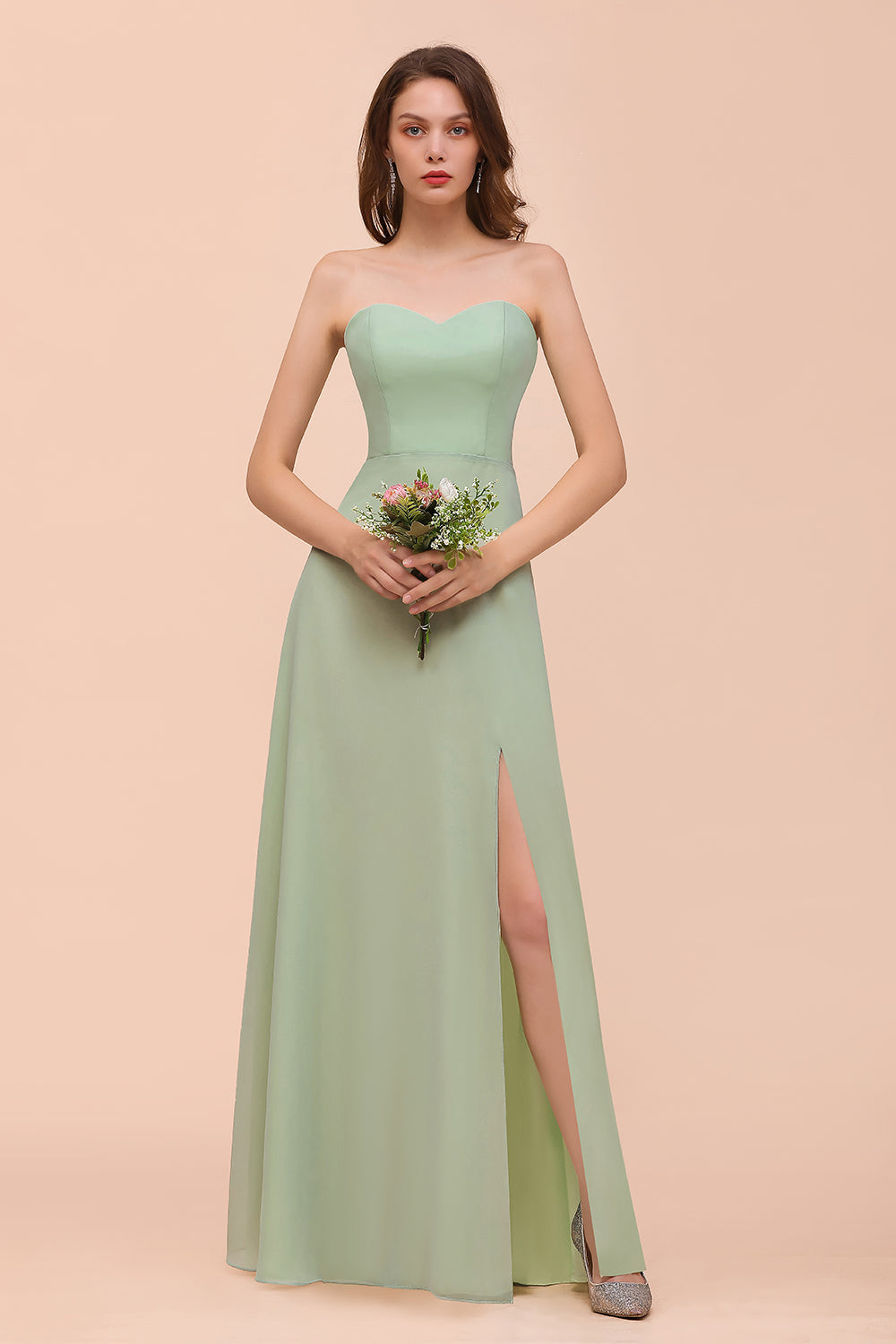 Affordable Strapless Front Slit Long Dusty Sage Bridesmaid Dresses Newinlook Affordable Strapless Front Slit Long Dusty Sage Bridesmaid Dresses Newinlook