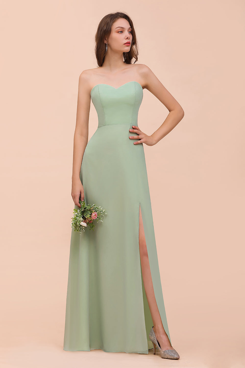 Affordable Strapless Front Slit Long Dusty Sage Bridesmaid Dresses – Newinlook Affordable Strapless Front Slit Long Dusty Sage Bridesmaid Dresses – Newinlook